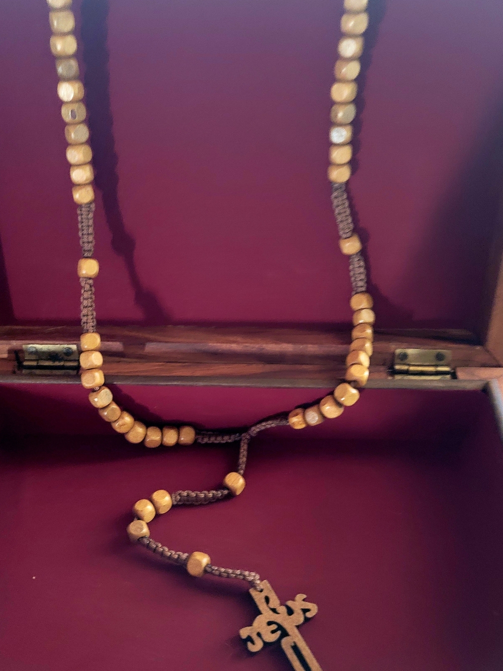 Hand Crafted Light Brown Wooden Bead Necklace with Cross